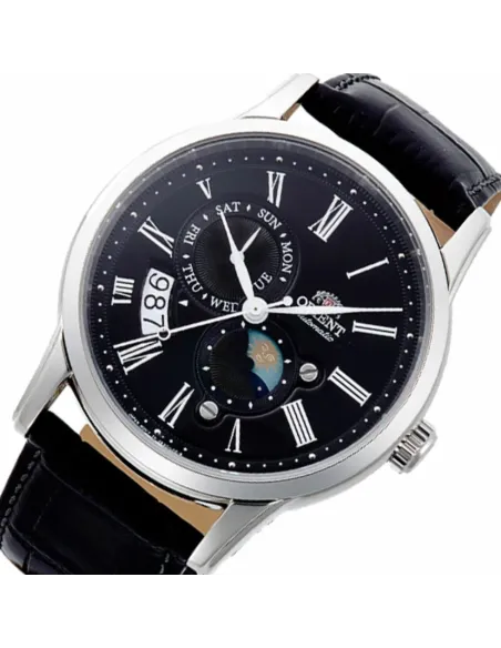 reloj automático hombre Orient Sun & Moon RA-AK0010B dial negro 42.5mm Cristal Zafiro correa cuero 50m
