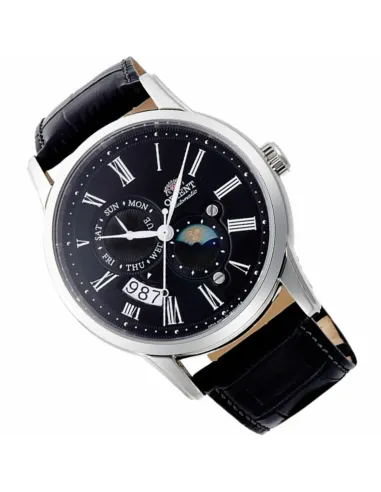 reloj automático hombre Orient Sun & Moon RA-AK0010B dial negro 42.5mm Cristal Zafiro correa cuero 50m