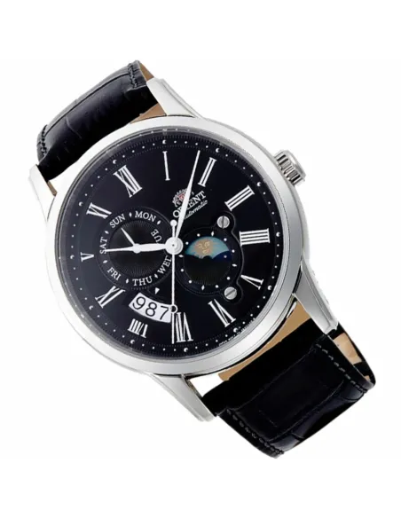 reloj automático hombre Orient Sun & Moon RA-AK0010B dial negro 42.5mm Cristal Zafiro correa cuero 50m
