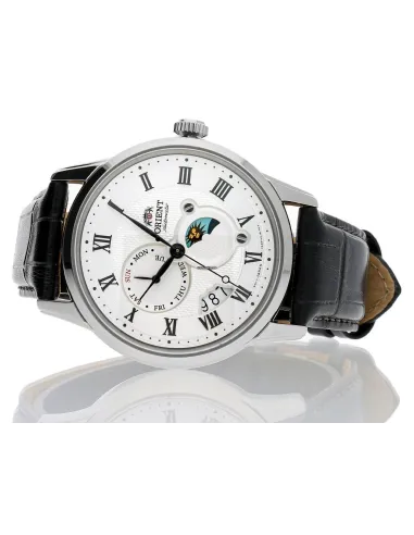 reloj automático hombre Orient Sun & Moon RA-AK0008S dial blanco 42.5mm Cristal Zafiro correa cuero