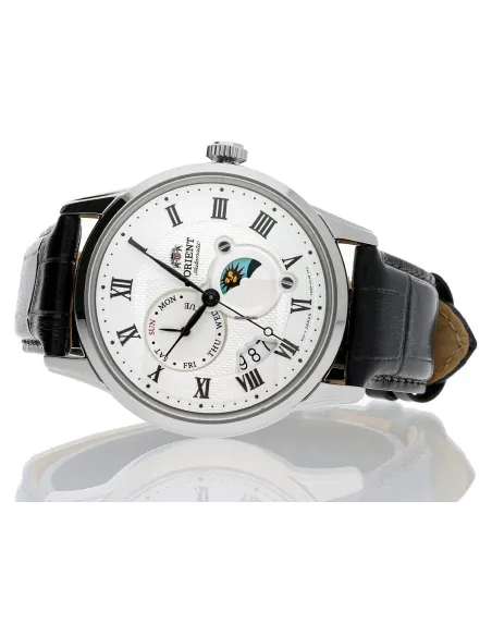 reloj automático hombre Orient Sun & Moon RA-AK0008S dial blanco 42.5mm Cristal Zafiro correa cuero