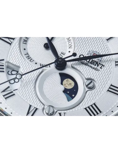 reloj automático hombre Orient Sun & Moon RA-AK0008S dial blanco 42.5mm Cristal Zafiro correa cuero