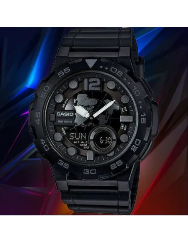 reloj hombre Casio AEQ-100W-1B Hora Mundial - Correa resina - Pantalla de Neón - Telememo - batería 10 años