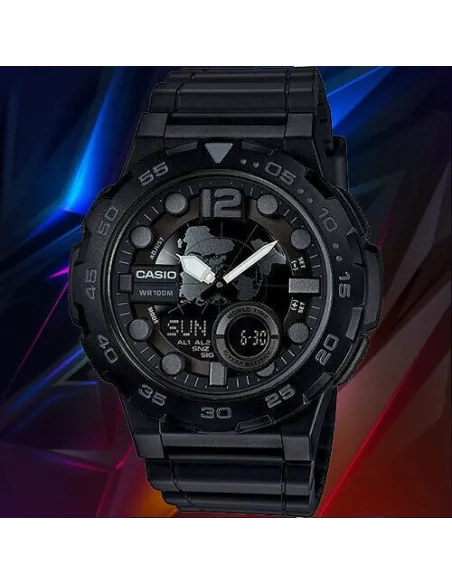 reloj hombre Casio AEQ-100W-1B Hora Mundial - Correa resina - Pantalla de Neón - Telememo - batería 10 años