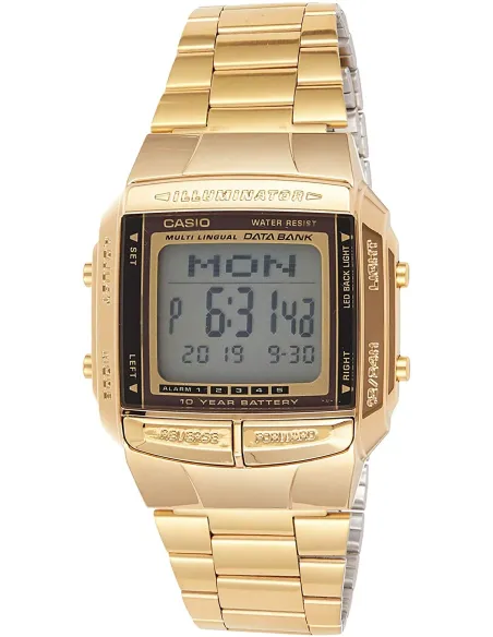 reloj unisex retro Casio DB-360G-9A dorado TELEMEMO 30 Banco de datos Luz LED Hora Dual Resistente al agua 50m