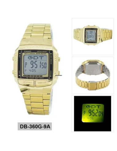 reloj unisex retro Casio DB-360G-9A dorado TELEMEMO 30 Banco de datos Luz LED Hora Dual Resistente al agua 50m
