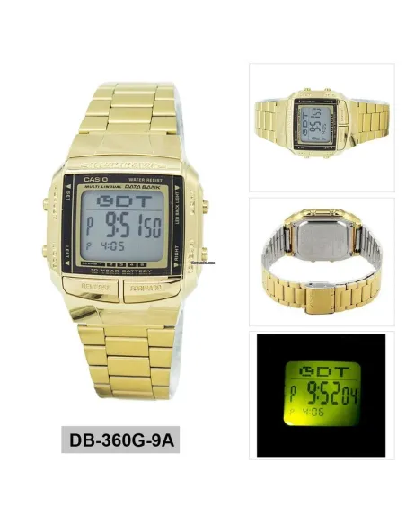 reloj unisex retro Casio DB-360G-9A dorado TELEMEMO 30 Banco de datos Luz LED Hora Dual Resistente al agua 50m