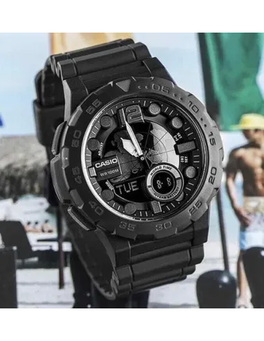 reloj hombre Casio AEQ-100W-1B Hora Mundial - Correa resina - Pantalla de Neón - Telememo - batería 10 años