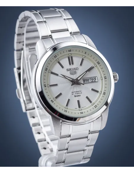 reloj automático hombre Seiko 5 SNKM83K1 dial blanco 43mm correa acero 50m water resist
