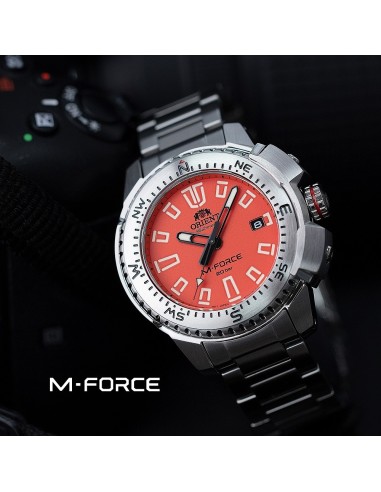 reloj de buceo automático hombre Orient M-Force RA-AC0N02Y dial naranja 45mm correa acero 200m water resist Cristal Zafiro