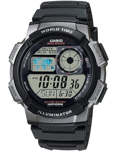 Reloj Casio collection Digital AE-1000w-1bv Hora Mundial - 5 Alarmas - 10 BAR