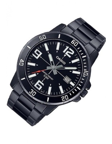 Reloj deportivo Casio MTP-VD01B-1B baño de iones broche triple pliegue dial negro 45mm correa de acero 3 agujas