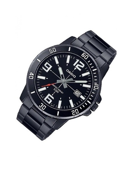 Reloj deportivo Casio MTP-VD01B-1B baño de iones broche triple pliegue dial negro 45mm correa de acero 3 agujas