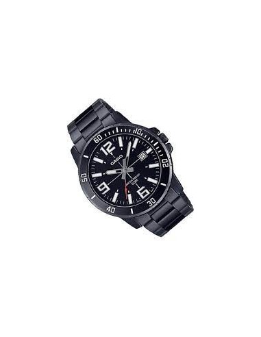 Reloj deportivo Casio MTP-VD01B-1B baño de iones broche triple pliegue dial negro 45mm correa de acero 3 agujas