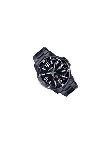 Reloj deportivo Casio MTP-VD01B-1B baño de iones broche triple pliegue dial negro 45mm correa de acero 3 agujas