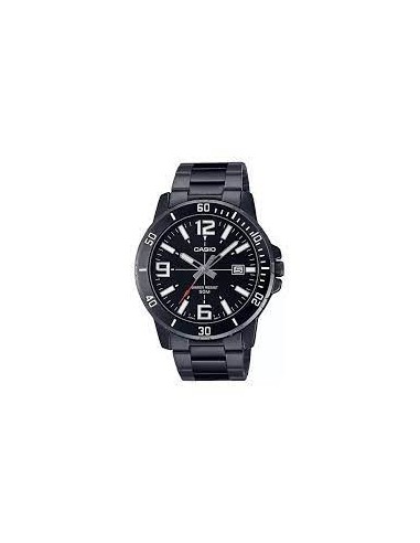 Reloj deportivo Casio MTP-VD01B-1B baño de iones broche triple pliegue dial negro 45mm correa de acero 3 agujas