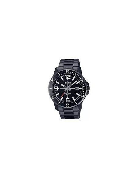 Reloj deportivo Casio MTP-VD01B-1B baño de iones broche triple pliegue dial negro 45mm correa de acero 3 agujas