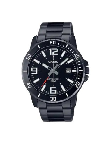 Reloj deportivo Casio MTP-VD01B-1B baño de iones broche triple pliegue dial negro 45mm correa de acero 3 agujas