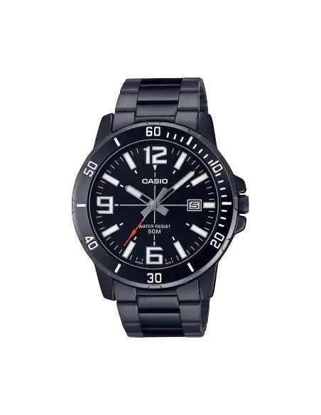 Reloj deportivo Casio MTP-VD01B-1B baño de iones broche triple pliegue dial negro 45mm correa de acero 3 agujas