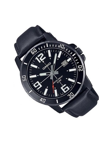 reloj deportivo hombre Casio Enticer MTP-VD01BL-1B dial negro 45mm correa de cuero 50m resistente al agua