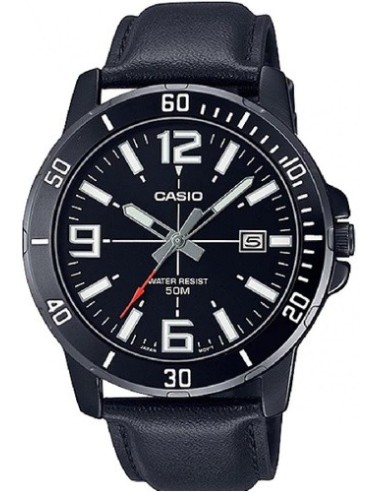 reloj deportivo hombre Casio Enticer MTP-VD01BL-1B dial negro 45mm correa de cuero 50m resistente al agua