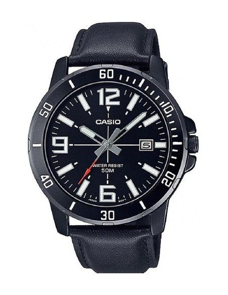 reloj deportivo hombre Casio Enticer MTP-VD01BL-1B dial negro 45mm correa de cuero 50m resistente al agua