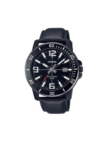 reloj deportivo hombre Casio Enticer MTP-VD01BL-1B dial negro 45mm correa de cuero 50m resistente al agua