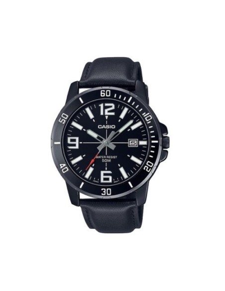 reloj deportivo hombre Casio Enticer MTP-VD01BL-1B dial negro 45mm correa de cuero 50m resistente al agua