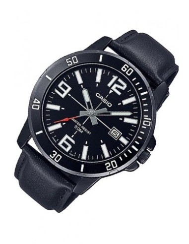 reloj deportivo hombre Casio Enticer MTP-VD01BL-1B dial negro 45mm correa de cuero 50m resistente al agua
