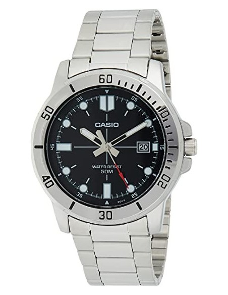 reloj deportivo hombre Casio MTP-VD01D-1E dial negro 45mm correa de acero hebilla triple pliegue resistencia al agua 50m