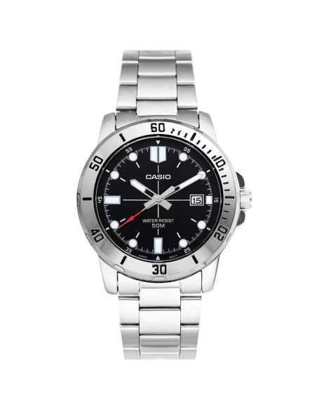 reloj deportivo hombre Casio MTP-VD01D-1E dial negro 45mm correa de acero hebilla triple pliegue resistencia al agua 50m