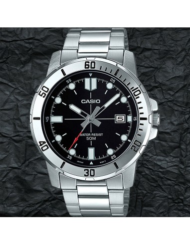 reloj deportivo hombre Casio MTP-VD01D-1E dial negro 45mm correa de acero hebilla triple pliegue resistencia al agua 50m