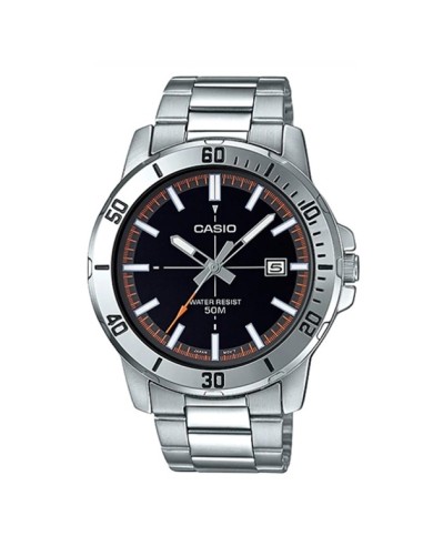 reloj deportivo hombre Casio MTP-VD01D-1E2 dial negro 45mm correa de acero hebilla triple pliegue resistencia al agua 50m