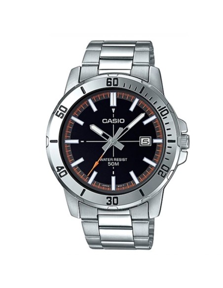 reloj deportivo hombre Casio MTP-VD01D-1E2 dial negro 45mm correa de acero hebilla triple pliegue resistencia al agua 50m