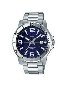 reloj deportivo hombre Casio MTP-VD01D-2B dial azul 45mm correa de acero hebilla triple pliegue resistencia al agua 50m