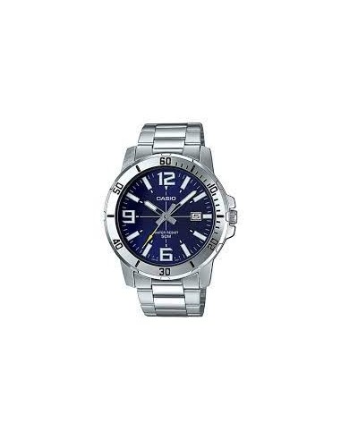 reloj deportivo hombre Casio MTP-VD01D-2B dial azul 45mm correa de acero hebilla triple pliegue resistencia al agua 50m