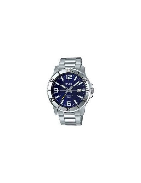 reloj deportivo hombre Casio MTP-VD01D-2B dial azul 45mm correa de acero hebilla triple pliegue resistencia al agua 50m