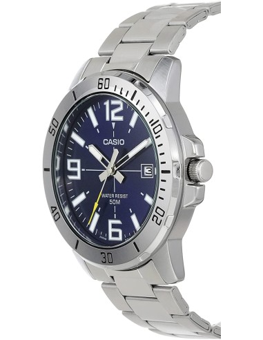 reloj deportivo hombre Casio MTP-VD01D-2B dial azul 45mm correa de acero hebilla triple pliegue resistencia al agua 50m