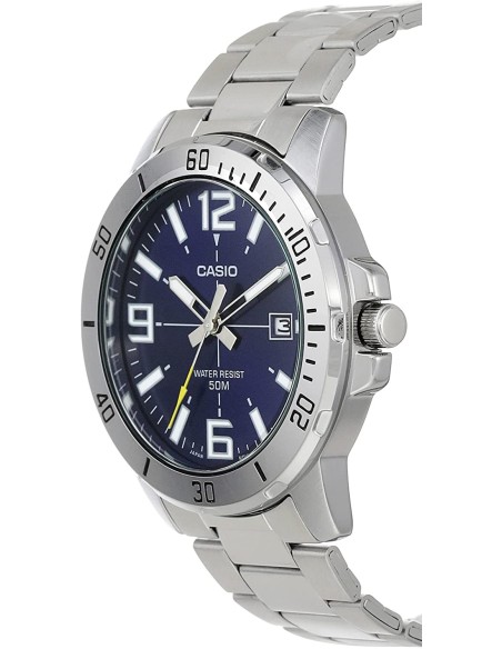 reloj deportivo hombre Casio MTP-VD01D-2B dial azul 45mm correa de acero hebilla triple pliegue resistencia al agua 50m