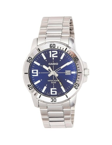 reloj deportivo hombre Casio MTP-VD01D-2B dial azul 45mm correa de acero hebilla triple pliegue resistencia al agua 50m
