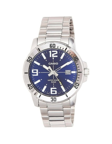 reloj deportivo hombre Casio MTP-VD01D-2B dial azul 45mm correa de acero hebilla triple pliegue resistencia al agua 50m