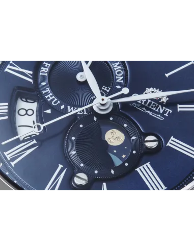 reloj automático hombre Orient Sun & Moon RA-AK0011D versión 3 dial azul 42.5mm Cristal Zafiro 40h Reserva de marcha