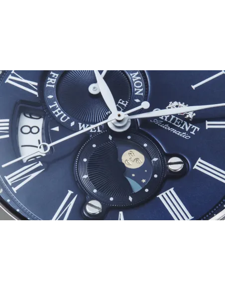 reloj automático hombre Orient Sun & Moon RA-AK0011D versión 3 dial azul 42.5mm Cristal Zafiro 40h Reserva de marcha