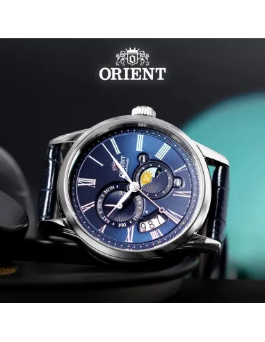 reloj automático hombre Orient Sun & Moon RA-AK0011D versión 3 dial azul 42.5mm Cristal Zafiro 40h Reserva de marcha