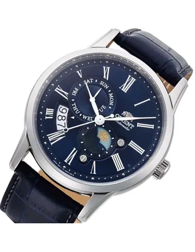 reloj automático hombre Orient Sun & Moon RA-AK0011D versión 3 dial azul 42.5mm Cristal Zafiro 40h Reserva de marcha