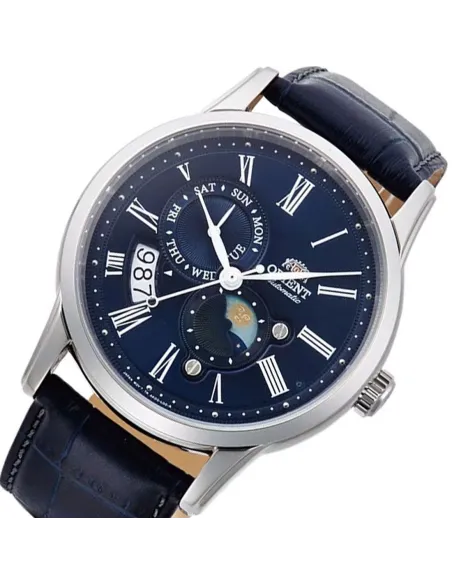 reloj automático hombre Orient Sun & Moon RA-AK0011D versión 3 dial azul 42.5mm Cristal Zafiro 40h Reserva de marcha