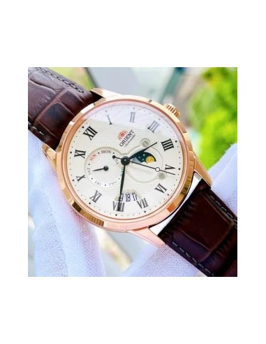 reloj automático hombre Orient Sun & Moon RA-AK0007S version 3 dial blanco 42.5mm Cristal de zafiro correa de cuero