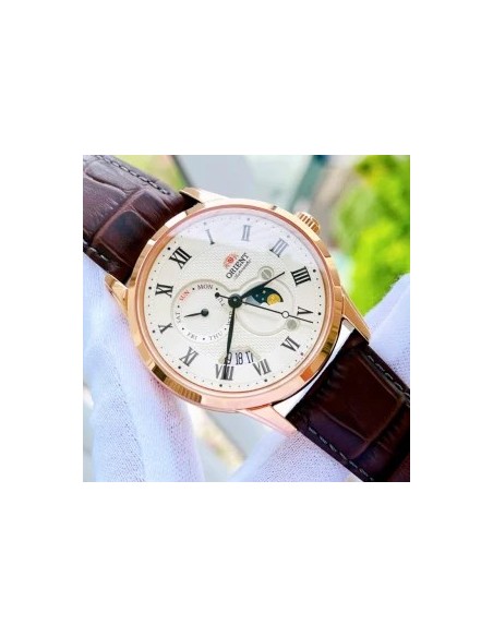 reloj automático hombre Orient Sun & Moon RA-AK0007S version 3 dial blanco 42.5mm Cristal de zafiro correa de cuero