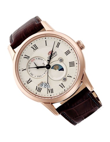 reloj automático hombre Orient Sun & Moon RA-AK0007S version 3 dial champán 42.5mm Cristal de zafiro correa de cuero resistente