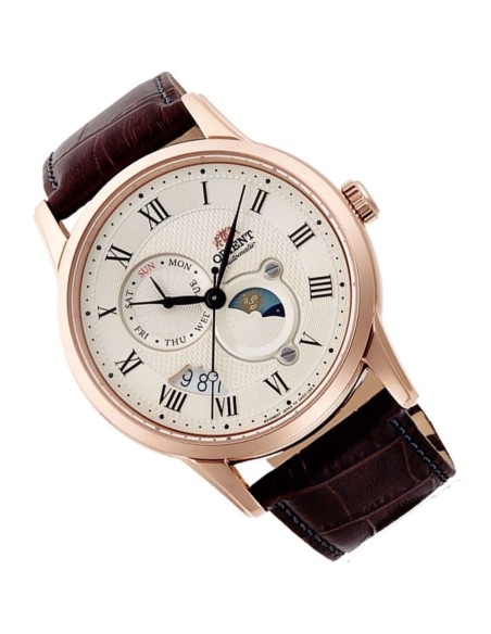 reloj automático hombre Orient Sun & Moon RA-AK0007S version 3 dial champán 42.5mm Cristal de zafiro correa de cuero resistente